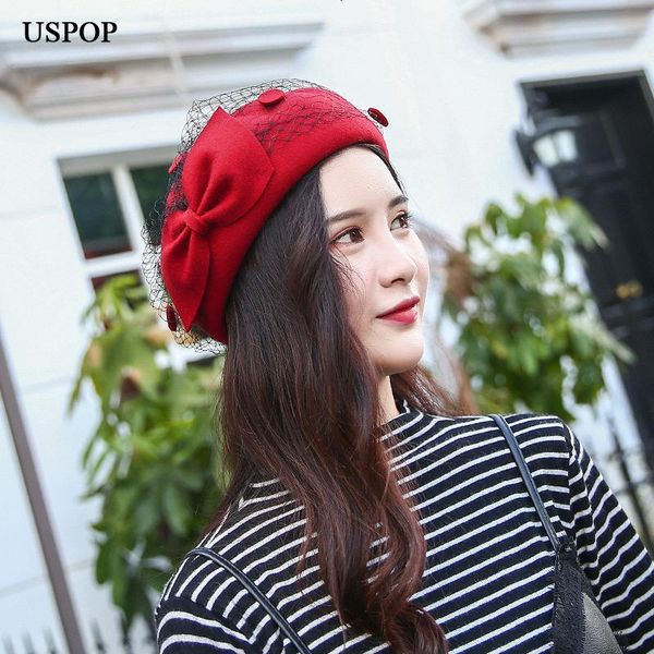 

uspop winter hats women wool berets solid color bow beret hat thick warm vintage mesh yarn hat, Blue;gray