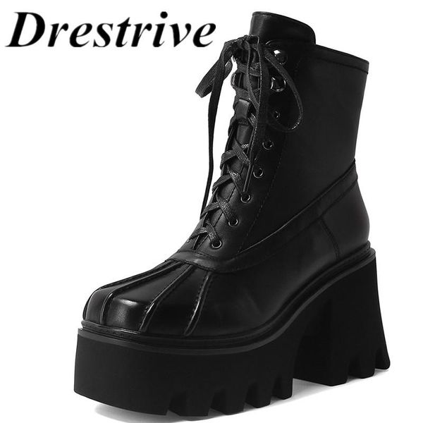 

drestrive cow leather black women's ankle boots platform cross tied thick heels lace up round toe genuine leather 2020 winter