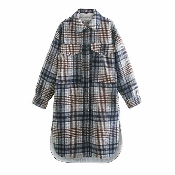 

2021 new women 2021 fashion simplicity plaid jacket coat long sleeve pockets female outerwear overcoat ppwb, Black