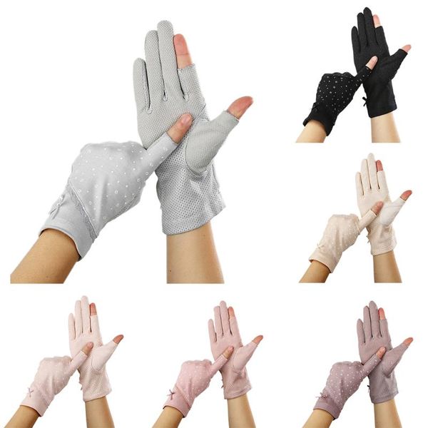 

summer spring stretch sunscreen anti-uv anti-slip glove breathable mittens women driving gloves lace fingerless gloves, Blue;gray
