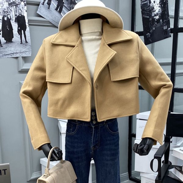 

ewq] autumn and winter female cardigan turn-down collar long-sleeved loose covered button cotton heavy woolen coat 8d237x1016, Black;brown