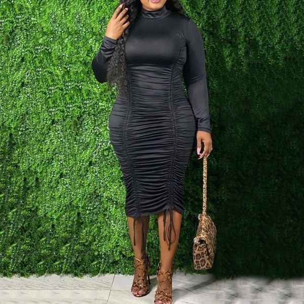 

western style dress tanning autumn winter fashion temperament commute drawstring draw back long sleeve high neck dress, Black;gray