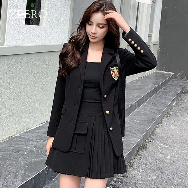 

autumn winter korean casual preppy style 2 piece set woman single-breasted long sleeve blazer + high waist pleat skirt suit, White