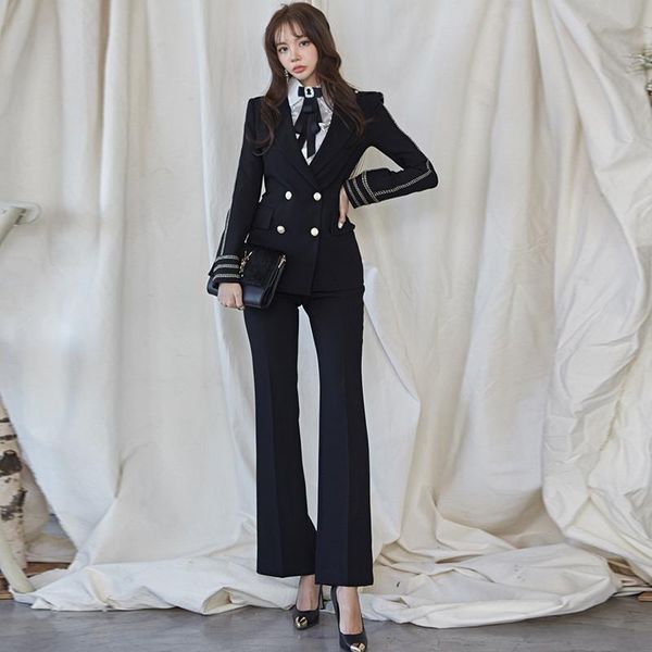 

new arrival comfortable work style fashion pant suits temperamental double breasted slim blazer and long pants elegant pant suit, White