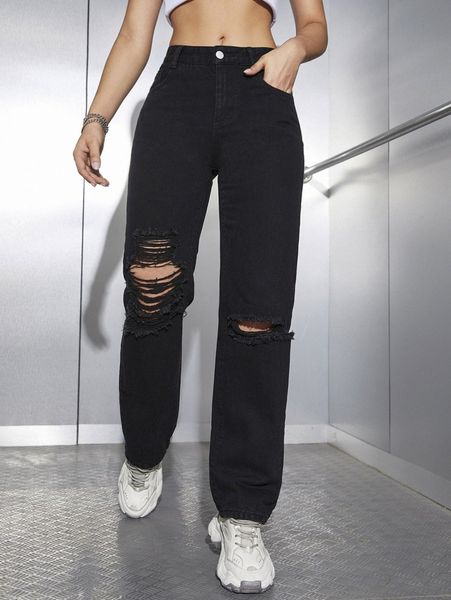 

solid high waist ripped jeans r9bu#, Blue