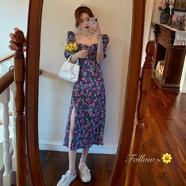 

2021 new french romance retro women casual floral print square collar ruffles sleeve midi es lady 5ehv, Black;gray
