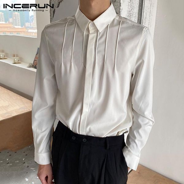 

incerun 2021 men casual shirt turn down collar button long sleeve chic streetwear korean style solid color fashion camisas, White;black