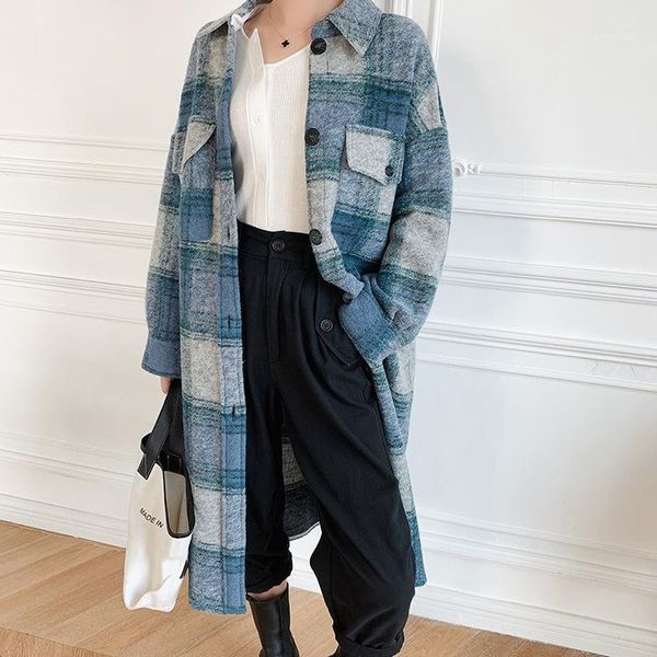 

women's wool & blends blend women plaid coat autumn winter long sleeve turn-down collar single breasted casual wild coat1, Black