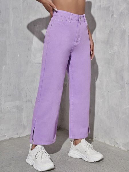 

high waist split hem jeans s9du#, Blue