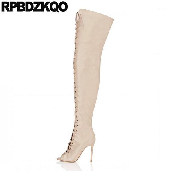 

12 44 lace up stiletto over the knee thigh high boots for plus size women peep toe heel fetish big shoes extreme satin 13 451, Black