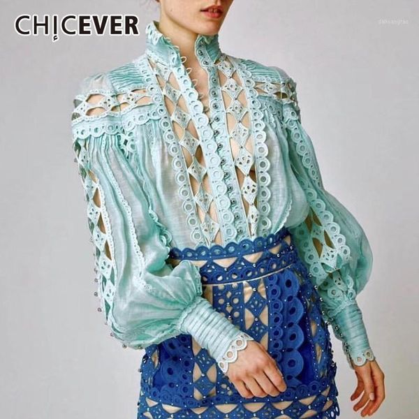 

chcever beading patchwork women's blouse stand collar lantern sleeve hollow out female shirt fashion summer 2020 fashion1, White