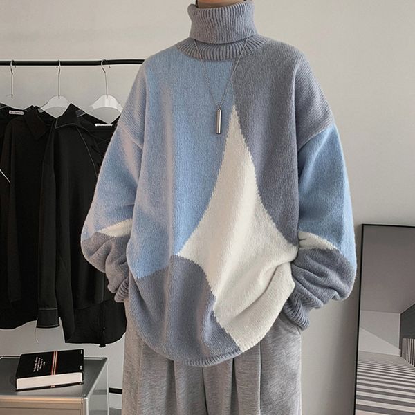

autumn and winter 2020 new ins color block turtleneck men's korean trend thickened personalized bottomed sweater, White;black