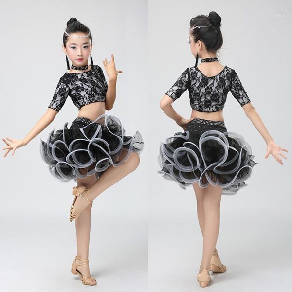 

new girls latin dance skirt ballroom salsa tango skirts kid child lace latin dance split dress with leotard and skirt1, Black;red