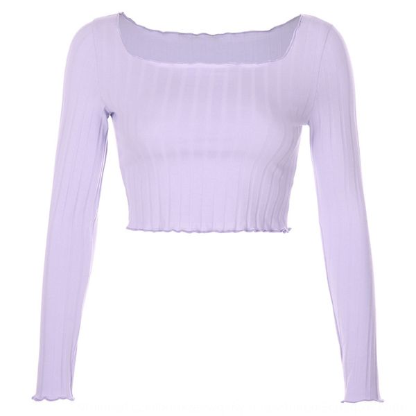 

2020 autumn new slim fit big round neck exposed navel short pit stripe long sleeve knitted t-shirt for lace t-shirt lace women paxqp pa, White