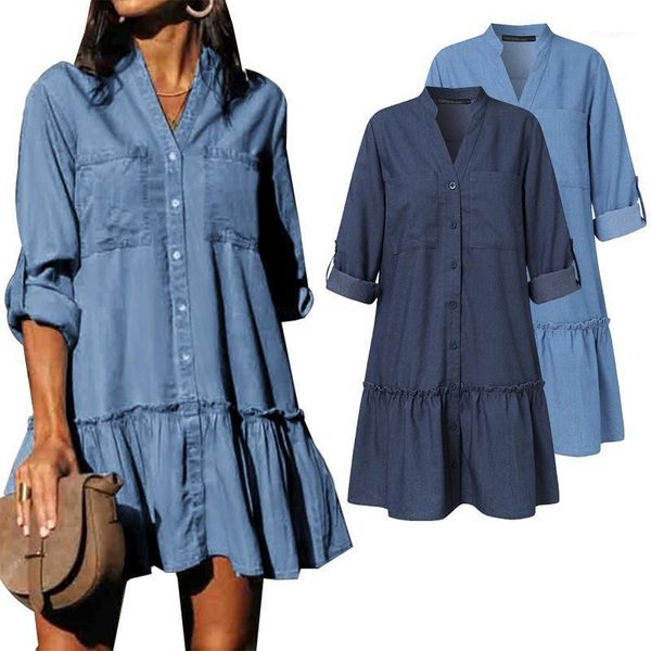 

plus size denim blue dress women zanzea vintage retro mini vestidos fashion autumn ruffle sundress casual patchwork party robe1, Black;gray