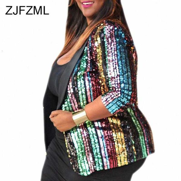 

rainbow stripes sequins coat women notched long sleeve slim bomber jacket streetwear causal fall winter plus size cardigan 79an#, Black;brown