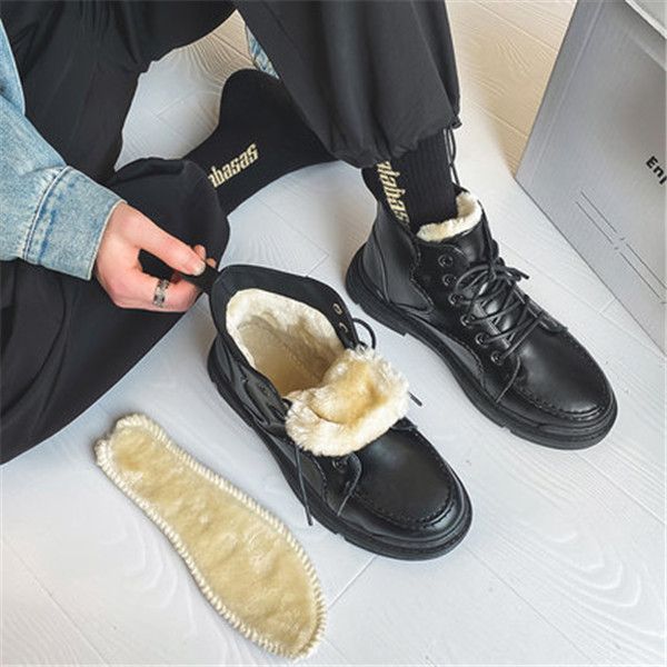 

2021 new men's winter boots plus velvet british style tooling short black male korean style trendy black all match handsome
