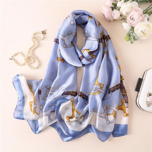 

new silk scarf women metal belt fashion printing foulard female shawls&wraps beach towel soft long scarves kerchief 180*90cm, Blue;gray