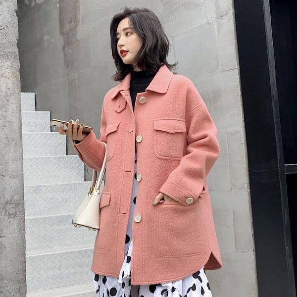 

women's wool & blends 2021 autumn winter coat fashion sided woolen overcoat women female long jackets a209, Black