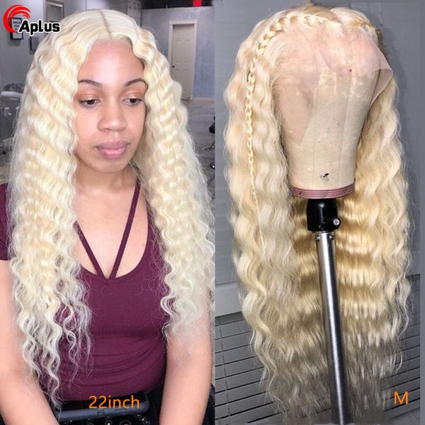 

lace wigs aplus 613 deep wave wig 4x4 transparent closure 13x4blonde front blonde human hair for women, Black;brown