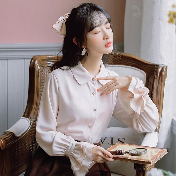 

2020 new fashion women's clothing autumn full vintage turn-down collar blouses shirts1, White