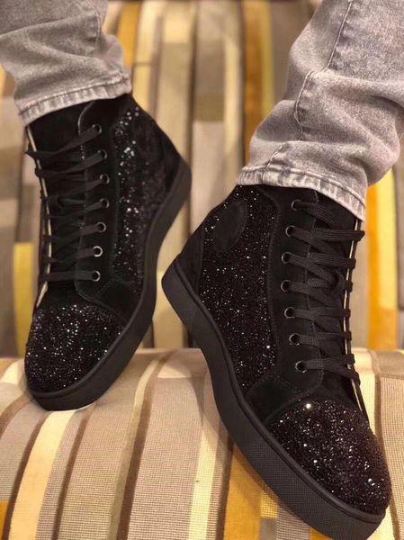 

r strass leather orlato women,men sneaker high-red bottom sneakers spikesflat party wedding dress skateboard casual shoes, Black
