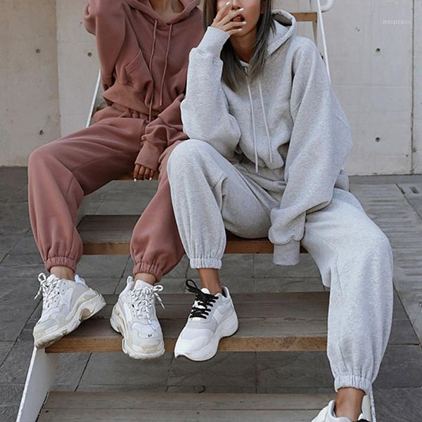

women solid two piece sets autumn winter hooded long sleeve pullovers ladies lace up sweatshirt 2 pieces set outfit suits1, Gray
