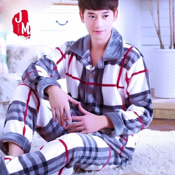 

men pajama set winter flannel thick warm men sleepwear suit long sleeve autumn coral fleece pajama man homewear pyjama male xxxl lj201113, Black;brown