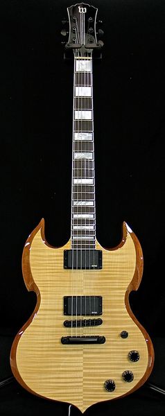 

rare wylde audio barbarian natural sg electric guitar flame maple & back, beveled edge body, large blocks inlay, grover tuners, china emg pi