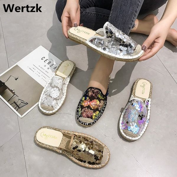 

wertzk 2019 summer new sequin fisherman's shoes lady lazy trawler cool red with one foot to wear half slippers outside e356 x1020, Black