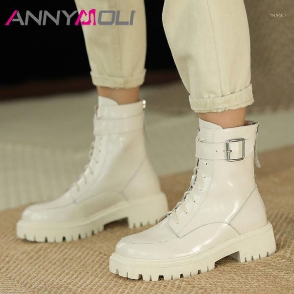 

annymoli high heel motorcycle boots woman genuine wool ankle boots zipper thick heel short buckle lace up female shoes 421, Black