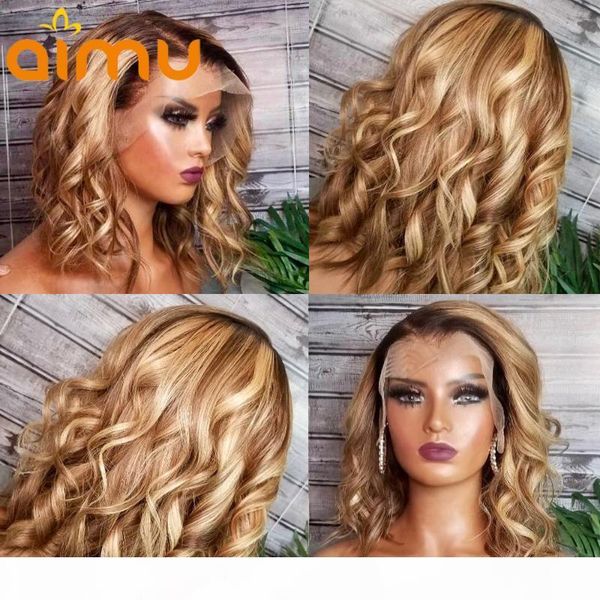 

brown ombre blonde highlight human hair wig wavy pixie cut brazilian remy curly short bob 4x4 lace closure wig preplucked 150%, Black;brown