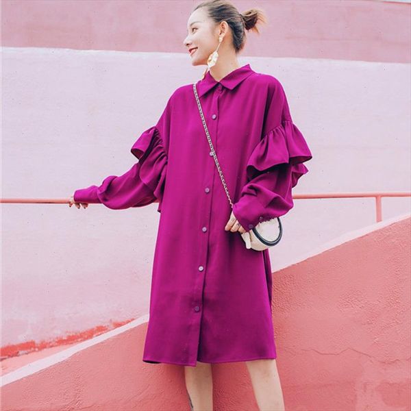 

rose red lapel long sleeve ruffled waistband single breasted loose plus woman dress casual fashion 2021 autumn new tv534, Black;gray