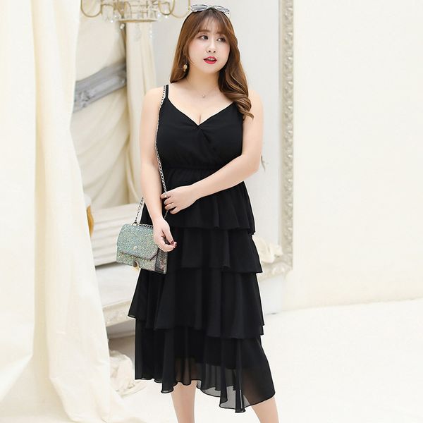 

xl xxl 3xl 4xl new summer 2020 women sling long ruffles dress plus size black red green mid-calf beach sundress lady, Black;gray