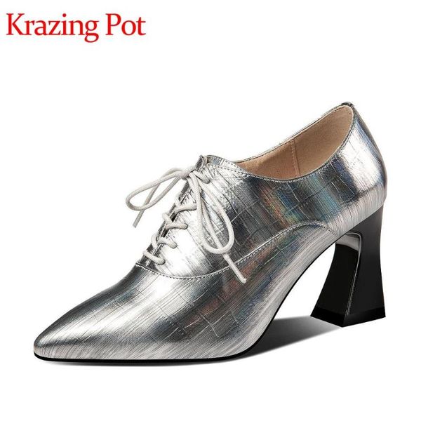 

krazing pot solid genuine leather veins pointed toe high heels shiny bowtie simple wild women lace up fashion spring pumps l10, Black