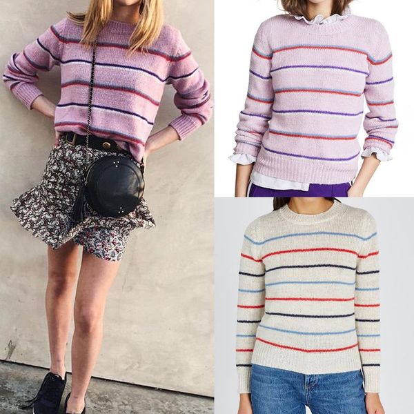 

fall winter round neck sweater long sleeve contrast striped knitwear fashion base women, White;black