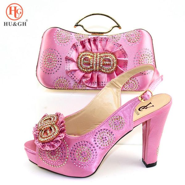 

new arrival pink color italy shoes and bag set women high heels sandals decorated with rhinestone designs shoe matching a bag, Black