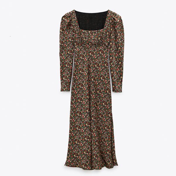 

2021 new summer woman women dresses floal print round neck long sleeves zip-up flared hem elegant midi dress 39tw, Black;gray