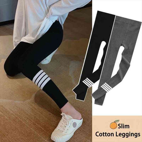 

hstar autumn and winter stretch hip lift slimming skinny pants four-bar striped knitted leggings, Black