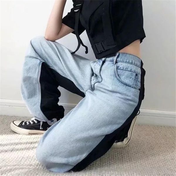 

contrast color patchwork denim bib overall autumn and winter high waist drawstring loose beam leg woman jeans, Blue