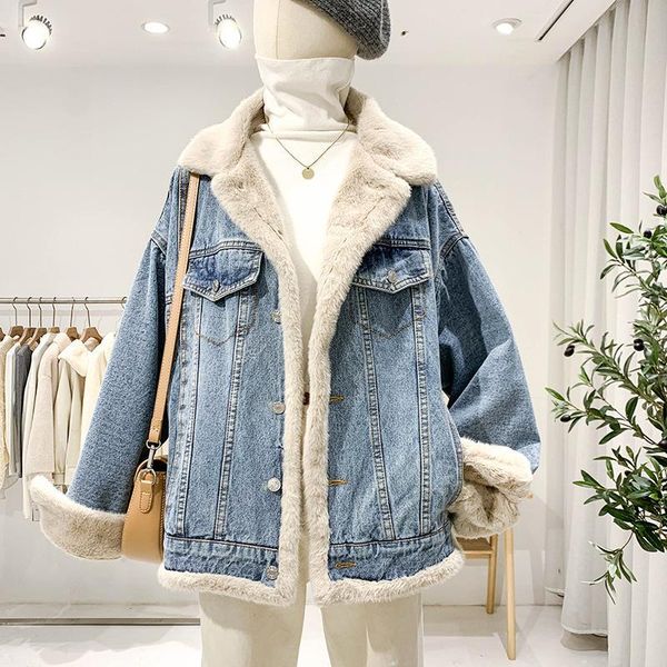 

super warm one piece for winter two-sided jacket ~ fur collar loose thick denim jacket plush casual bf style, Black