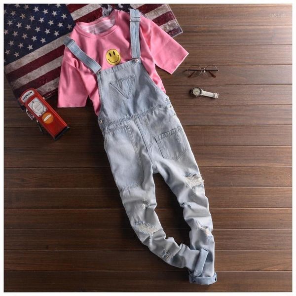 

new light blue ripped jumpsuit men's ripped denim cotton skinny jeans hip-hop big pocket overalls1