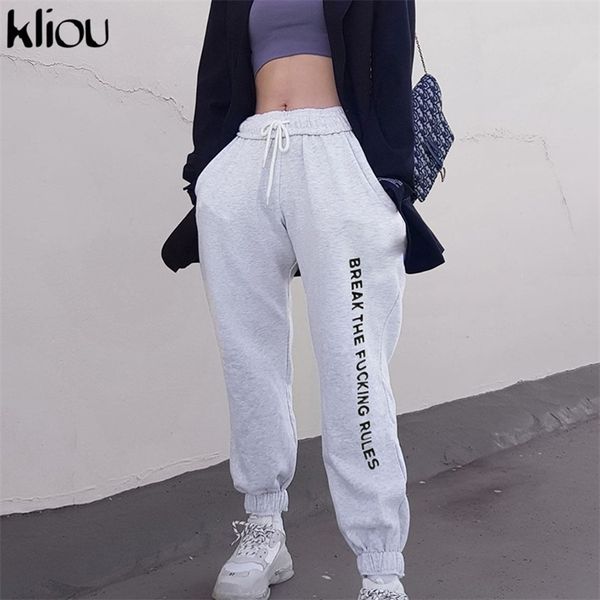 

kliou autumn winter women long pants elastic high waist drawstring letters print trousers female fashion streetwear pants t200223, Black;white