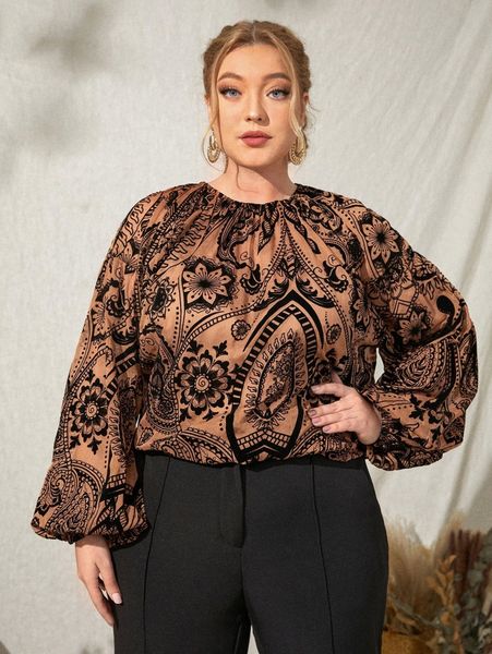 

plus paisley and floral print lantern sleeve blouse 04nx#, Black