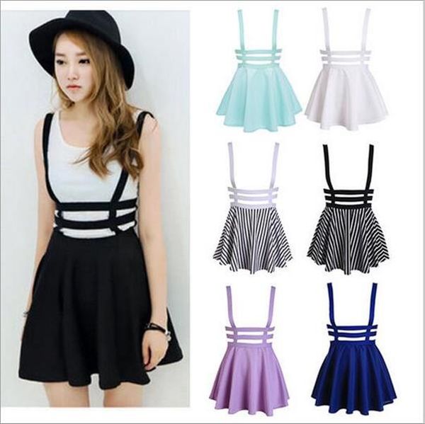 

2020 women suspender skirts girl ruffles skater pleated short braces skirt back zipper hollow out skirt, Black
