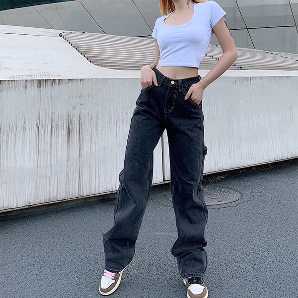 

fashion 2020 new smoke grey bf retro casual high waist wide legs ins straight barrel baggy jeans for women, Blue