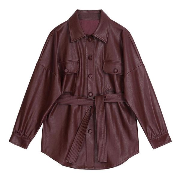

20 autumn and winter new products fashionable wine red female jacket plus velvet temperament waist long sleeved leather coatc565, Black