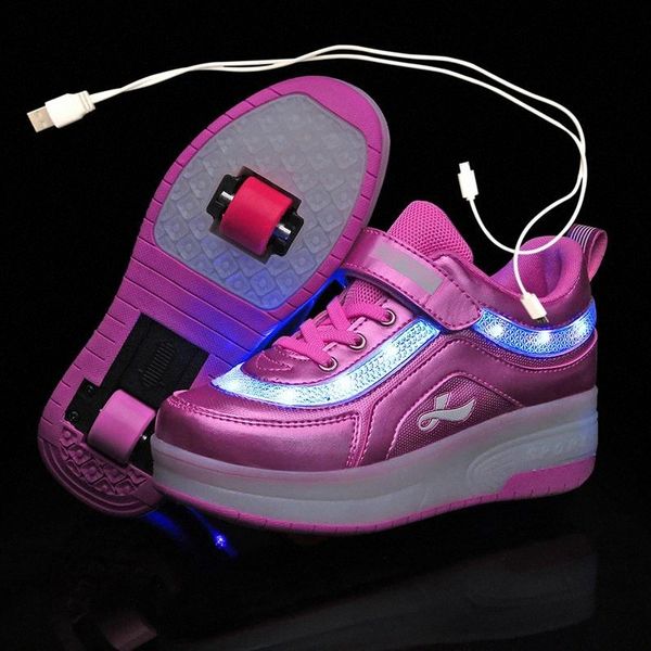 

children two wheels luminous glowing sneakers black pink led light roller skate shoes kids led shoes boys girls usb charging #ep6f