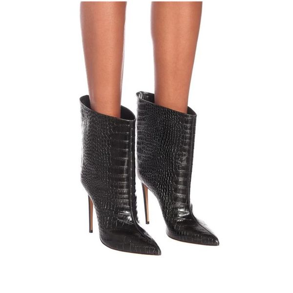 

new brand women boots fashion super high heels ankle faux leather spring autumn pointed toe winter calf y200723, Black