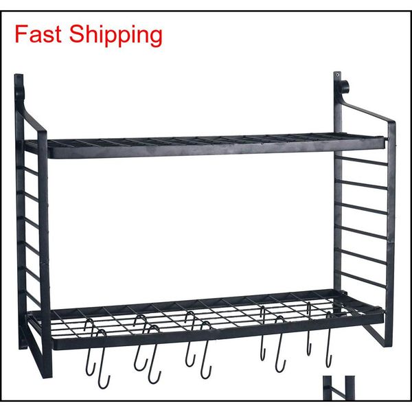 

waco pot rack, 10 hooks 2-tiered metal wall mounted, home restaurant kitchen cookware holder pan pot lid organizer stor qylgel bdenet